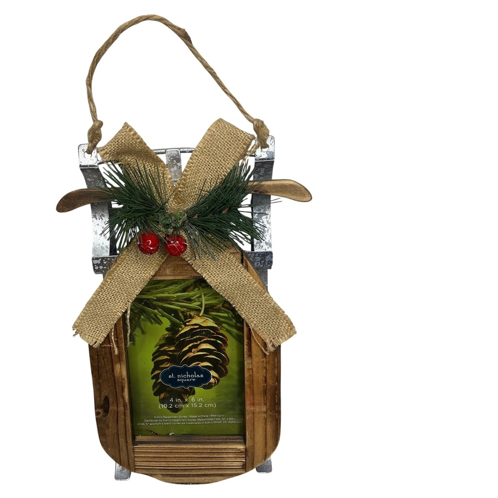 St Nicholas Square Sled Photo Frame 4x6 Brown Wood Metal Rustic Christmas Decor